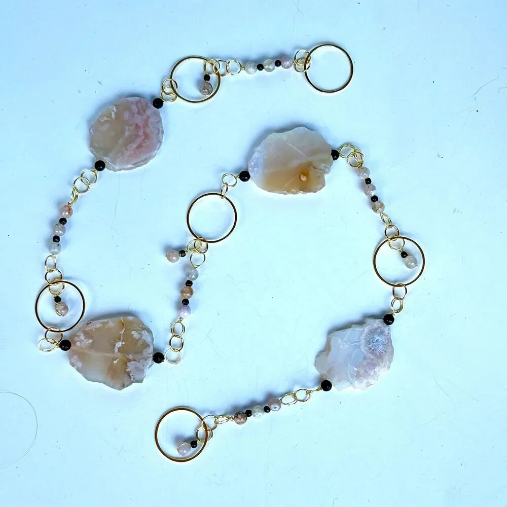 Flower Agate Black Onyx Hanging Polished Agate Slice & Beads Growth Creativity